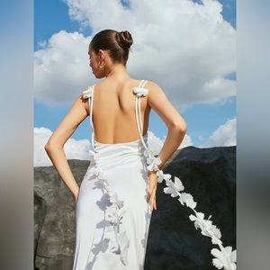 Commense Gardenia Rosette Satin Open Back Long Dress